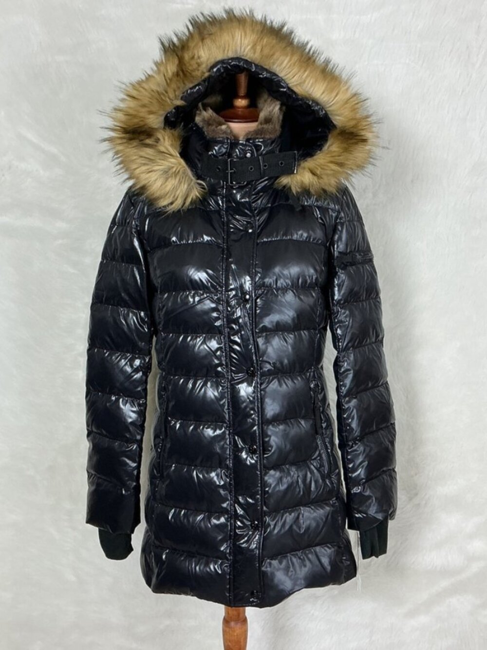 S13 Jet Black Chelsea Down Faux Fur Trim Puffer Winter Coat NWT L
